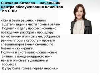 Снежана Китаева – начальник
центра обслуживания клиентов
по СПБ:

«Как и было решено, начали
 с детализации в части приема заявок.
 Подошли к делу профессионально:
прежде чем разобрать процедуру
по косточкам и описать ее, собрались
ранним утром в субботу и провели
специализированный семинар по
бизнес-инжинирингу.
Получив и систематизировав новые
 знания, в полдвенадцатого ночи
начали описывать диаграммы
 процесса.
 К утру была готова первая версия.»
 