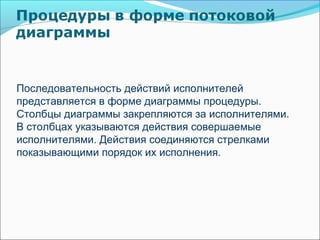 Последовательность действий исполнителей
представляется в форме диаграммы процедуры.
Столбцы диаграммы закрепляются за исполнителями.
В столбцах указываются действия совершаемые
исполнителями. Действия соединяются стрелками
показывающими порядок их исполнения.
 