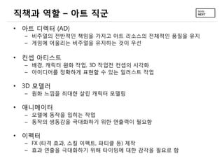 직책과 역할 – 아트 직군
• 아트 디렉터 (AD)
– 비주얼의 전반적인 책임을 가지고 아트 리소스의 전체적인 품질을 유지
– 게임에 어울리는 비주얼을 유지하는 것이 우선
• 컨셉 아티스트
– 배경, 캐릭터 원화 작업, 3D 작업전 컨셉의 시각화
– 아이디어를 정확하게 표현할 수 있는 일러스트 작업
• 3D 모델러
– 원화 느낌을 최대한 살린 캐릭터 모델링
• 애니메이터
– 모델에 동작을 입히는 작업
– 동작의 생동감을 극대화하기 위한 연출력이 필요함
• 이펙터
– FX (타격 효과, 스킬 이펙트, 파티클 등) 제작
– 효과 연출을 극대화하기 위해 타이밍에 대한 감각을 필요로 함
 