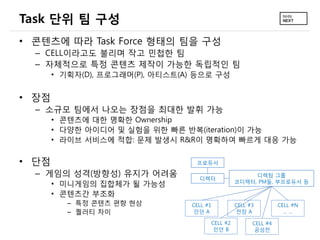 Task 단위 팀 구성
• 콘텐츠에 따라 Task Force 형태의 팀을 구성
– CELL이라고도 불리며 작고 민첩한 팀
– 자체적으로 특정 콘텐츠 제작이 가능한 독립적인 팀
• 기획자(D), 프로그래머(P), 아티스트(A) 등으로 구성
• 장점
– 소규모 팀에서 나오는 장점을 최대한 발휘 가능
• 콘텐츠에 대한 명확한 Ownership
• 다양한 아이디어 및 실험을 위한 빠른 반복(iteration)이 가능
• 라이브 서비스에 적합: 문제 발생시 R&R이 명확하여 빠르게 대응 가능
• 단점
– 게임의 성격(방향성) 유지가 어려움
• 미니게임의 집합체가 될 가능성
• 콘텐츠간 부조화
– 특정 콘텐츠 편향 현상
– 퀄러티 차이
프로듀서
디렉터
CELL #1
인던 A
CELL #2
인던 B
CELL #3
전장 A
CELL #N
… …
CELL #4
공성전
디렉팅 그룹
코디렉터, PM들, 부프로듀서 등
 