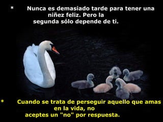 * Nunca es demasiado tarde para tener una
niñez feliz. Pero la
segunda sólo depende de ti.
* Cuando se trata de perseguir aquello que amas
en la vida, no
aceptes un "no" por respuesta.
 