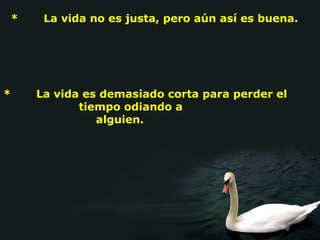 * La vida no es justa, pero aún así es buena.
* La vida es demasiado corta para perder el
tiempo odiando a
alguien.
 