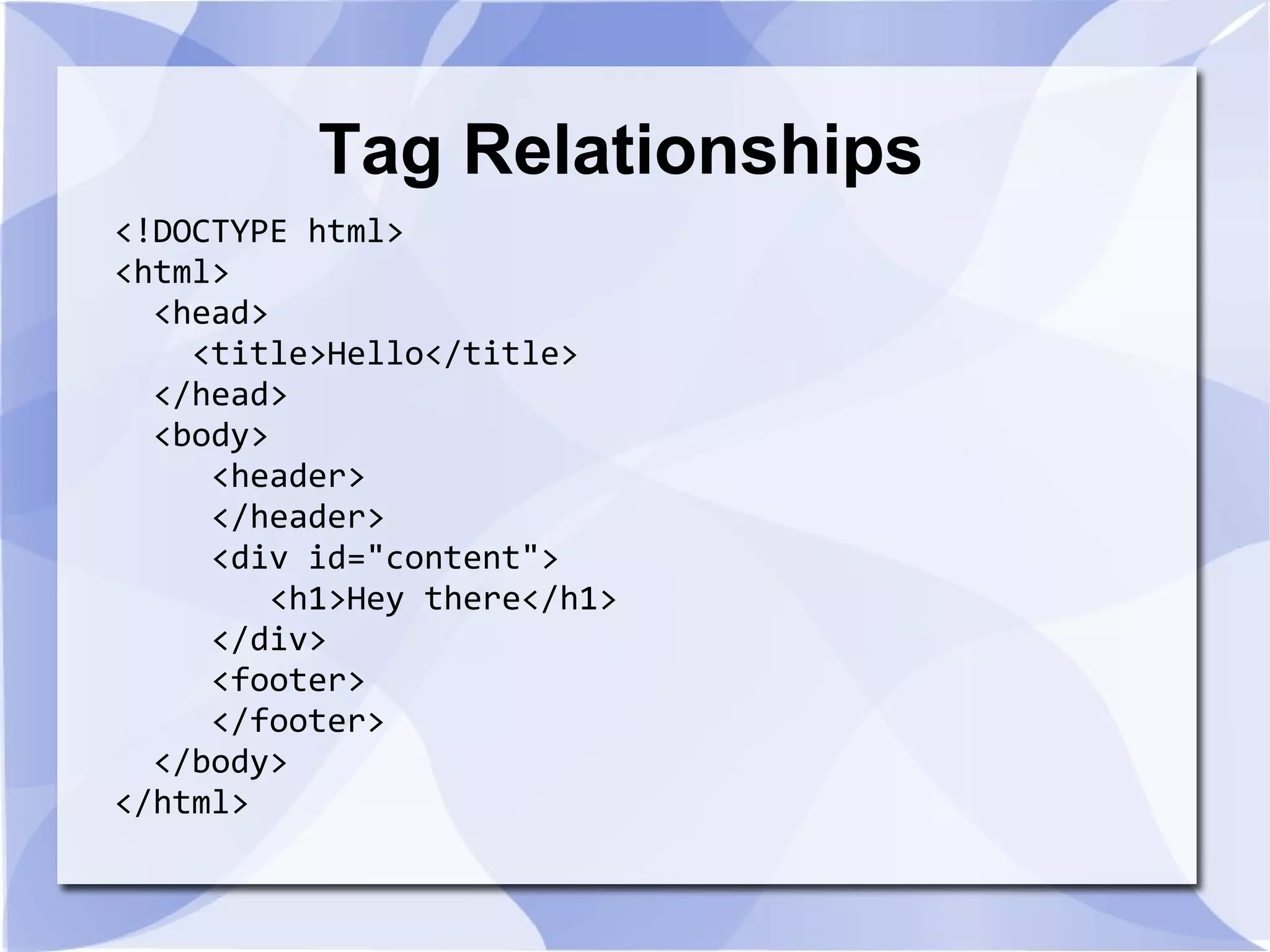 Tag Relationships
<!DOCTYPE html>
<html>
<head>
<title>Hello</title>
</head>
<body>
<header>
</header>
<div id="content">
<h1>Hey there</h1>
</div>
<footer>
</footer>
</body>
</html>
 