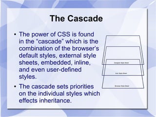 The Cascade
● The power of CSS is found
in the “cascade” which is the
combination of the browser’s
default styles, external style
sheets, embedded, inline,
and even user-defined
styles.
● The cascade sets priorities
on the individual styles which
effects inheritance.
 