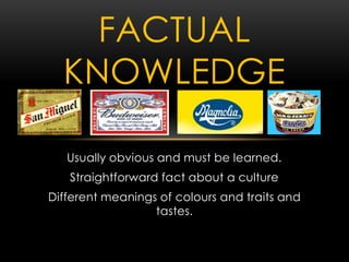 Usually obvious and must be learned.
Straightforward fact about a culture
Different meanings of colours and traits and
tastes.
FACTUAL
KNOWLEDGE
 