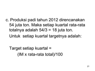 c. Produksi padi tahun 2012 direncanakan
54 juta ton. Maka setiap kuartal rata-rata
totalnya adalah 54/3 = 18 juta ton.
Untuk setiap kuartal targetnya adalah:
Target setiap kuartal =
(IM x rata-rata total)/100
21
 