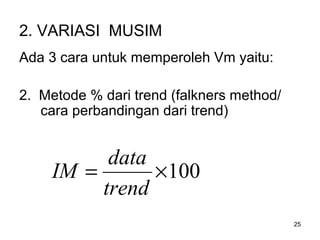 25
2. VARIASI MUSIM
Ada 3 cara untuk memperoleh Vm yaitu:
2. Metode % dari trend (falkners method/
cara perbandingan dari trend)
100×=
trend
data
IM
 