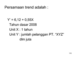 118
Persamaan trend adalah :
Y’ = 6,12 + 0,55X
Tahun dasar 2008
Unit X : 1 tahun
Unit Y : jumlah pelanggan PT. “XYZ”
dlm juta
 