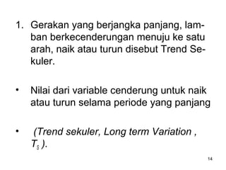 14
1. Gerakan yang berjangka panjang, lam-
ban berkecenderungan menuju ke satu
arah, naik atau turun disebut Trend Se-
kuler.
• Nilai dari variable cenderung untuk naik
atau turun selama periode yang panjang
• (Trend sekuler, Long term Variation ,
TS ).
 