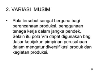 44
2. VARIASI MUSIM
• Pola tersebut sangat berguna bagi
perencanaan produksi, penggunaan
tenaga kerja dalam jangka pendek.
Selain itu pola Vm dapat digunakan bagi
dasar kebijakan pimpinan perusahaan
dalam mengatur diversifikasi produk dan
kegiatan produksi.
 