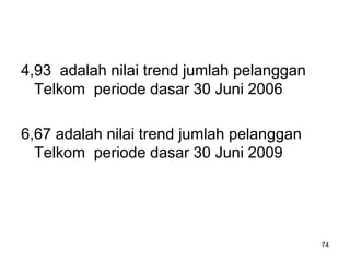 74
4,93 adalah nilai trend jumlah pelanggan
Telkom periode dasar 30 Juni 2006
6,67 adalah nilai trend jumlah pelanggan
Telkom periode dasar 30 Juni 2009
 