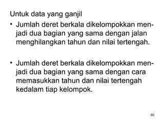 80
Untuk data yang ganjil
• Jumlah deret berkala dikelompokkan men-
jadi dua bagian yang sama dengan jalan
menghilangkan tahun dan nilai tertengah.
• Jumlah deret berkala dikelompokkan men-
jadi dua bagian yang sama dengan cara
memasukkan tahun dan nilai tertengah
kedalam tiap kelompok.
 
