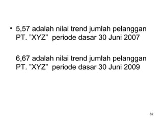 82
• 5,57 adalah nilai trend jumlah pelanggan
PT. ”XYZ” periode dasar 30 Juni 2007
6,67 adalah nilai trend jumlah pelanggan
PT. ”XYZ” periode dasar 30 Juni 2009
 
