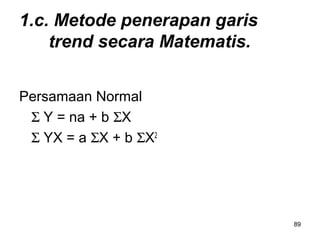 89
1.c. Metode penerapan garis
trend secara Matematis.
Persamaan Normal
Σ Y = na + b ΣX
Σ YX = a ΣX + b ΣX2
 