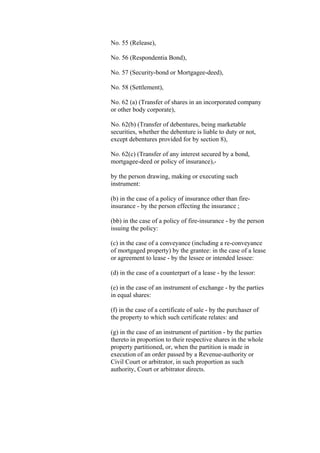 No. 55 (Release),
No. 56 (Respondentia Bond),
No. 57 (Security-bond or Mortgagee-deed),
No. 58 (Settlement),
No. 62 (a) (Transfer of shares in an incorporated company
or other body corporate),
No. 62(b) (Transfer of debentures, being marketable
securities, whether the debenture is liable to duty or not,
except debentures provided for by section 8),
No. 62(c) (Transfer of any interest secured by a bond,
mortgagee-deed or policy of insurance),-
by the person drawing, making or executing such
instrument:
(b) in the case of a policy of insurance other than fire-
insurance - by the person effecting the insurance ;
(bb) in the case of a policy of fire-insurance - by the person
issuing the policy:
(c) in the case of a conveyance (including a re-conveyance
of mortgaged property) by the grantee: in the case of a lease
or agreement to lease - by the lessee or intended lessee:
(d) in the case of a counterpart of a lease - by the lessor:
(e) in the case of an instrument of exchange - by the parties
in equal shares:
(f) in the case of a certificate of sale - by the purchaser of
the property to which such certificate relates: and
(g) in the case of an instrument of partition - by the parties
thereto in proportion to their respective shares in the whole
property partitioned, or, when the partition is made in
execution of an order passed by a Revenue-authority or
Civil Court or arbitrator, in such proportion as such
authority, Court or arbitrator directs.
 