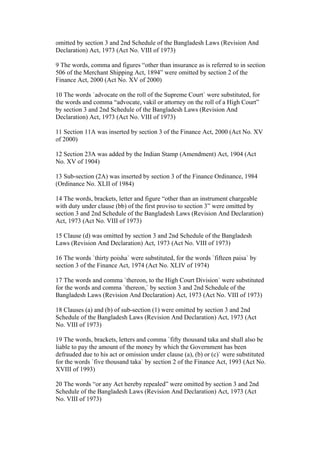 omitted by section 3 and 2nd Schedule of the Bangladesh Laws (Revision And
Declaration) Act, 1973 (Act No. VIII of 1973)
9 The words, comma and figures “other than insurance as is referred to in section
506 of the Merchant Shipping Act, 1894” were omitted by section 2 of the
Finance Act, 2000 (Act No. XV of 2000)
10 The words `advocate on the roll of the Supreme Court` were substituted, for
the words and comma “advocate, vakil or attorney on the roll of a High Court”
by section 3 and 2nd Schedule of the Bangladesh Laws (Revision And
Declaration) Act, 1973 (Act No. VIII of 1973)
11 Section 11A was inserted by section 3 of the Finance Act, 2000 (Act No. XV
of 2000)
12 Section 23A was added by the Indian Stamp (Amendment) Act, 1904 (Act
No. XV of 1904)
13 Sub-section (2A) was inserted by section 3 of the Finance Ordinance, 1984
(Ordinance No. XLII of 1984)
14 The words, brackets, letter and figure “other than an instrument chargeable
with duty under clause (bb) of the first proviso to section 3” were omitted by
section 3 and 2nd Schedule of the Bangladesh Laws (Revision And Declaration)
Act, 1973 (Act No. VIII of 1973)
15 Clause (d) was omitted by section 3 and 2nd Schedule of the Bangladesh
Laws (Revision And Declaration) Act, 1973 (Act No. VIII of 1973)
16 The words `thirty poisha` were substituted, for the words `fifteen paisa` by
section 3 of the Finance Act, 1974 (Act No. XLIV of 1974)
17 The words and comma `thereon, to the High Court Division` were substituted
for the words and comma `thereon,` by section 3 and 2nd Schedule of the
Bangladesh Laws (Revision And Declaration) Act, 1973 (Act No. VIII of 1973)
18 Clauses (a) and (b) of sub-section (1) were omitted by section 3 and 2nd
Schedule of the Bangladesh Laws (Revision And Declaration) Act, 1973 (Act
No. VIII of 1973)
19 The words, brackets, letters and comma `fifty thousand taka and shall also be
liable to pay the amount of the money by which the Government has been
defrauded due to his act or omission under clause (a), (b) or (c)` were substituted
for the words `five thousand taka` by section 2 of the Finance Act, 1993 (Act No.
XVIII of 1993)
20 The words “or any Act hereby repealed” were omitted by section 3 and 2nd
Schedule of the Bangladesh Laws (Revision And Declaration) Act, 1973 (Act
No. VIII of 1973)
 
