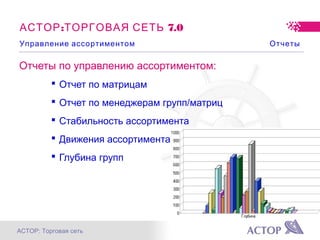 АСТОР: Торговая сеть
: 7.0АСТОР ТОРГОВАЯ СЕТЬ
Отчеты по управлению ассортиментом:
 Отчет по матрицам
 Отчет по менеджерам групп/матриц
 Стабильность ассортимента
 Движения ассортимента
 Глубина групп
Управление ассортиментом Отчеты
 