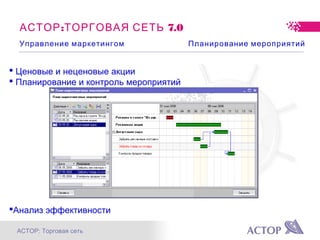 АСТОР: Торговая сеть
: 7.0АСТОР ТОРГОВАЯ СЕТЬ
Управление маркетингом Планирование мероприятий
 Ценовые и неценовые акции
 Планирование и контроль мероприятий
Анализ эффективности
 