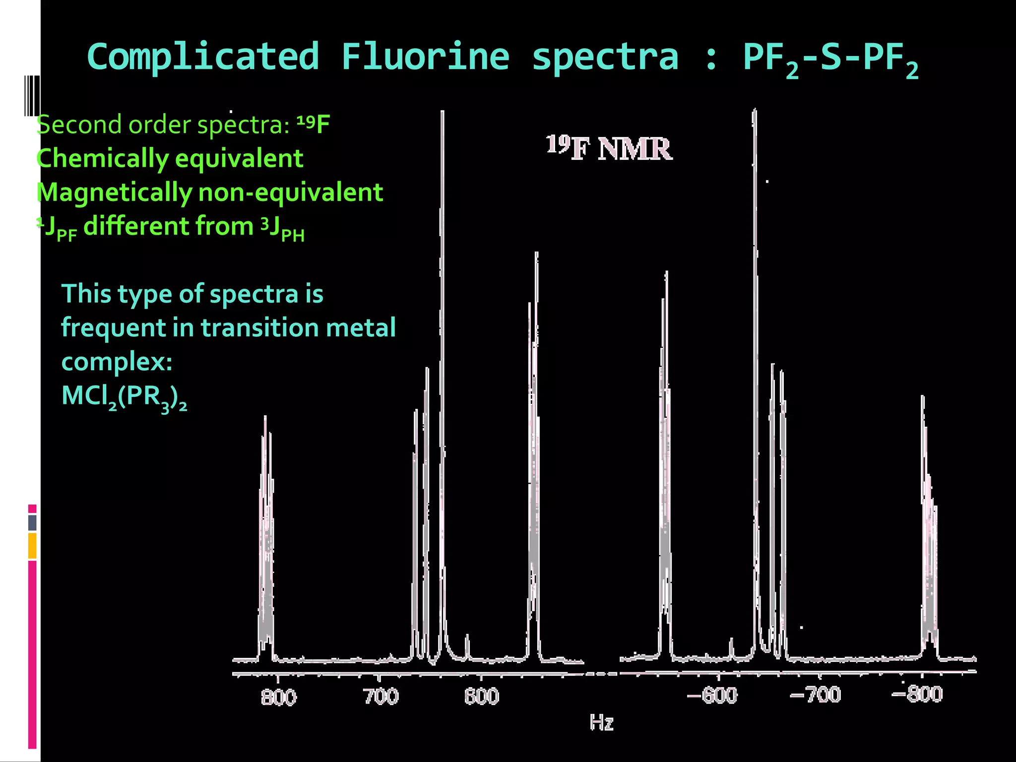 Complicated Fluorine spectra : PF2-S-PF2
Second order spectra: 19F
Chemically equivalent
Magnetically non-equivalent
1JPF different from 3JPH
This type of spectra is
frequent in transition metal
complex:
MCl2(PR3)2
 