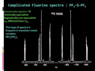 Complicated Fluorine spectra : PF2-S-PF2
Second order spectra: 19F
Chemically equivalent
Magnetically non-equivalent
1JPF different from 3JPH
This type of spectra is
frequent in transition metal
complex:
MCl2(PR3)2
 