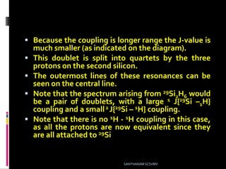  Because the coupling is longer range the J-value is
much smaller (as indicated on the diagram).
 This doublet is split into quartets by the three
protons on the second silicon.
 The outermost lines of these resonances can be
seen on the central line.
 Note that the spectrum arising from 29Si2H6 would
be a pair of doublets, with a large 1 J{29Si –1H}
coupling and a small2 J{29Si – 1H} coupling.
 Note that there is no 1H - 1H coupling in this case,
as all the protons are now equivalent since they
are all attached to 29Si.
SANTHANAM SCSVMV
 