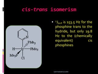 cis-trans isomerism
 2JH-P is 153.5 Hz for the
phosphine trans to the
hydride, but only 19.8
Hz to the (chemically
equivalent) cis
phosphines
SANTHANAM SCSVMV
 