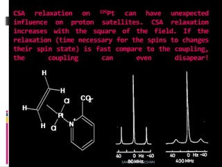 CSA relaxation on 195Pt can have unexpected
influence on proton satellites. CSA relaxation
increases with the square of the field. If the
relaxation (time necessary for the spins to changes
their spin state) is fast compare to the coupling,
the coupling can even disapear!
SANTHANAM SCSVMV
 