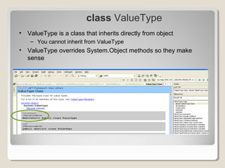 class ValueType
• ValueType is a class that inherits directly from object
– You cannot inherit from ValueType
• ValueType overrides System.Object methods so they make
sense
 