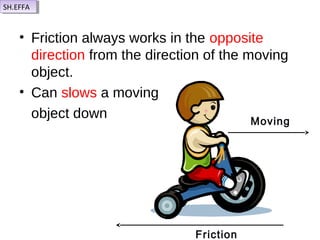 • Friction always works in the opposite
direction from the direction of the moving
object.
• Can slows a moving
object down Moving
Friction
SH.EFFASH.EFFA
 