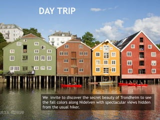DAY TRIP
We invite to discover the secret beauty of Trondheim to see
the fall colors along Nidelven with spectacular views hidden
from the usual hiker.
 