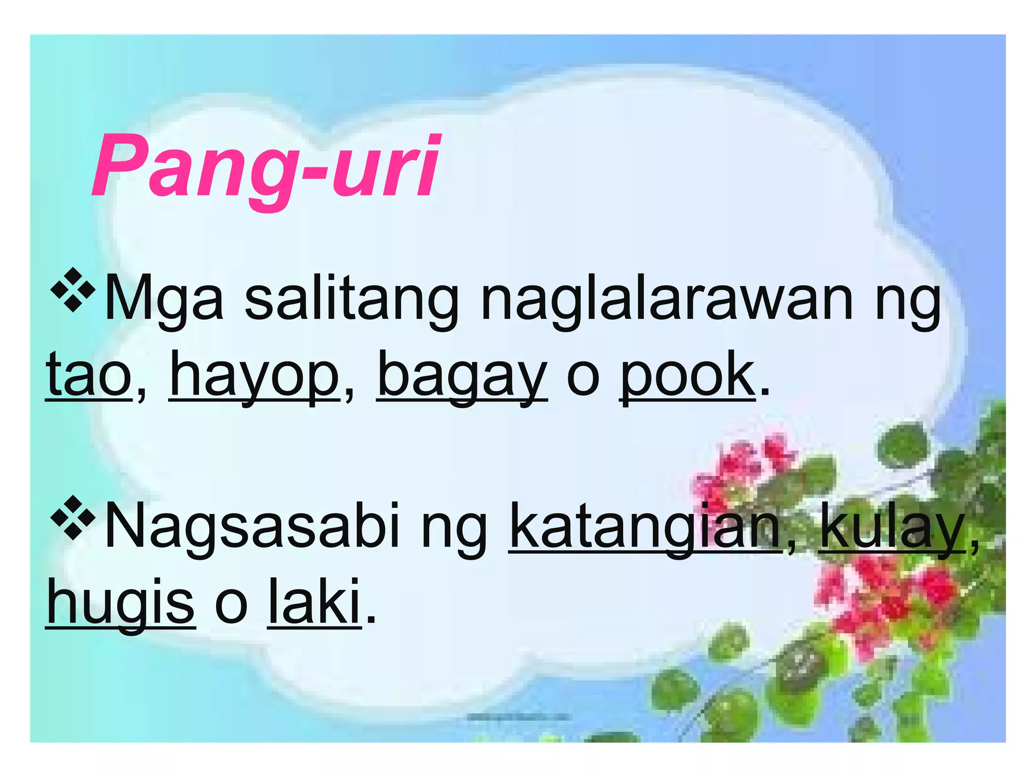 Pang-uri
Mga salitang naglalarawan ng
tao, hayop, bagay o pook.
Nagsasabi ng katangian, kulay,
hugis o laki.