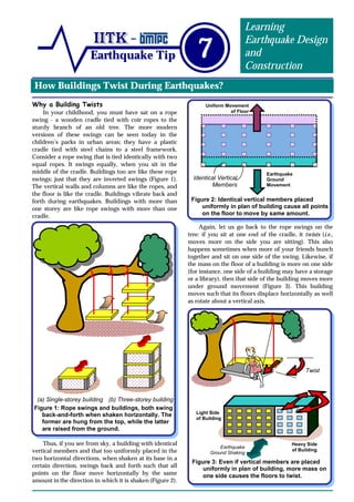 How Buildings Twist During Earthquakes?
Earthquake Tip 7
Learning
Earthquake Design
and
Construction
Why a Building Twists
In your childhood, you must have sat on a rope
swing - a wooden cradle tied with coir ropes to the
sturdy branch of an old tree. The more modern
versions of these swings can be seen today in the
children’s parks in urban areas; they have a plastic
cradle tied with steel chains to a steel framework.
Consider a rope swing that is tied identically with two
equal ropes. It swings equally, when you sit in the
middle of the cradle. Buildings too are like these rope
swings; just that they are inverted swings (Figure 1).
The vertical walls and columns are like the ropes, and
the floor is like the cradle. Buildings vibrate back and
forth during earthquakes. Buildings with more than
one storey are like rope swings with more than one
cradle.
Thus, if you see from sky, a building with identical
vertical members and that too uniformly placed in the
two horizontal directions, when shaken at its base in a
certain direction, swings back and forth such that all
points on the floor move horizontally by the same
amount in the direction in which it is shaken (Figure 2).
Again, let us go back to the rope swings on the
tree: if you sit at one end of the cradle, it twists (i.e.,
moves more on the side you are sitting). This also
happens sometimes when more of your friends bunch
together and sit on one side of the swing. Likewise, if
the mass on the floor of a building is more on one side
(for instance, one side of a building may have a storage
or a library), then that side of the building moves more
under ground movement (Figure 3). This building
moves such that its floors displace horizontally as well
as rotate about a vertical axis.
Earthquake
Ground
Movement
Uniform Movement
of Floor
Figure 2: Identical vertical members placed
uniformly in plan of building cause all points
on the floor to move by same amount.
Identical Vertical
Members
Figure 1: Rope swings and buildings, both swing
back-and-forth when shaken horizontally. The
former are hung from the top, while the latter
are raised from the ground.
(a) Single-storey building (b) Three-storey building
Figure 3: Even if vertical members are placed
uniformly in plan of building, more mass on
one side causes the floors to twist.
Earthquake
Ground Shaking
Twist
Light Side
of Building
Heavy Side
of Building
 