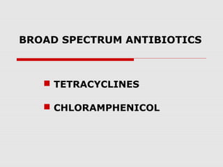 BROAD SPECTRUM ANTIBIOTICS

 TETRACYCLINES
 CHLORAMPHENICOL

 