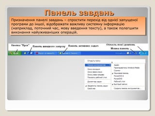 Панель завдань
Призначення панелі завдань – спростити перехід від однієї запущеної
Призначення панелі завдань – спростити перехід від однієї запущеної
програми до іншої, відображати важливу системну інформацію
програми до іншої, відображати важливу системну інформацію
(наприклад, поточний час, мову введення тексту), а також полегшити
(наприклад, поточний час, мову введення тексту), а також полегшити
виконання найуживаніших операцій.
виконання найуживаніших операцій.

 