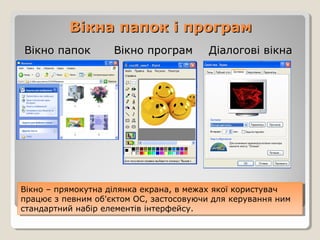 Вікна папок і програм
Вікно папок

Вікно програм

Діалогові вікна

Вікно – прямокутна ділянка екрана, в межах якої користувач
Вікно – прямокутна ділянка екрана, в межах якої користувач
працює з певним об'єктом ОС, застосовуючи для керування ним
працює з певним об'єктом ОС, застосовуючи для керування ним
стандартний набір елементів інтерфейсу.
стандартний набір елементів інтерфейсу.

 
