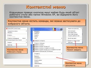 Контекстні меню
Клацнувши правою кнопкою миші майже будь-який об'єкт
робочого стола або папки Windows XP, ви відкриєте його
контекстне меню.
Контекстне меню містить команди, які можна застосувати до
Контекстне меню містить команди, які можна застосувати до
вибраного об'єкта.
вибраного об'єкта.

Контекстне меню
Контекстне меню
Робочого стола
Робочого стола

Контекстне меню
Контекстне меню
Панелі завдань
Панелі завдань

Контекстне меню
Контекстне меню
документа
документа

 