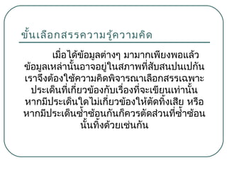ขัน เลือ กสรรความรู้ค วามคิด
้
เมื่อได้ขอมูลต่างๆ มามากเพียงพอแล้ว
้
ข้อมูลเหล่านันอาจอยู่ในสภาพที่สบสนปนเปกัน
้
ั
เราจึงต้องใช้ความคิดพิจารณาเลือกสรรเฉพาะ
ประเด็นที่เกี่ยวข้องกับเรื่องที่จะเขียนเท่านัน
้
หากมีประเด็นใดไม่เกี่ยวข้องให้ตดทิ้งเสีย หรือ
ั
หากมีประเด็นซำ้าซ้อนกันก็ควรตัดส่วนที่ซำ้าซ้อน
นั้นทิ้งด้วยเช่นกัน

 