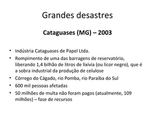 Grandes desastres
Cataguases (MG) – 2003
• Indústria Cataguases de Papel Ltda.
• Rompimento de uma das barragens de reservatório,
liberando 1,4 bilhão de litros de lixívia (ou licor negro), que é
a sobra industrial da produção de celulose
• Córrego do Cágado, rio Pomba, rio Paraíba do Sul
• 600 mil pessoas afetadas
• 50 milhões de multa não foram pagos (atualmente, 109
milhões) – fase de recursos

 