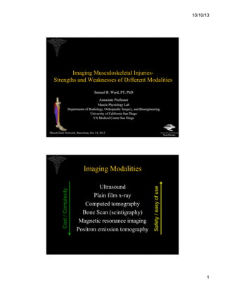 10/10/13

Imaging Musculoskeletal InjuriesStrengths and Weaknesses of Different Modalities
Samuel R. Ward, PT, PhD
Associate Professor
Muscle Physiology Lab
Departments of Radiology, Orthopaedic Surgery, and Bioengineering
University of California San Diego
VA Medical Center San Diego

MuscleTech Network, Barcelona, Oct 14, 2013

Ultrasound
Plain film x-ray
Computed tomography
Bone Scan (scintigraphy)
Magnetic resonance imaging
Positron emission tomography

Safety / easy of use

Cost / Complexity

Imaging Modalities

1

 