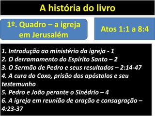 A história do livro
1º. Quadro – a igreja
em Jerusalém

Atos 1:1 a 8:4

1. Introdução ao ministério da igreja - 1
2. O derramamento do Espírito Santo – 2
3. O Sermão de Pedro e seus resultados – 2:14-47
4. A cura do Coxo, prisão dos apóstolos e seu
testemunho
5. Pedro e João perante o Sinédrio – 4
6. A igreja em reunião de oração e consagração –
4:23-37

 