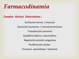 Canales Iónicos Determinan :
Excitación nervio / músculo
Secreción hormonas / neurotransmisores
Transducción sensorial
Equilibrio hídrico / electrolítico
Regulación presión sanguínea
Proliferación celular
Procesos aprendizaje / memoria

 