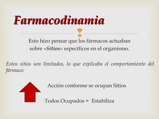 Farmacodinamia
 fármacos actuaban
Esto hizo pensar que los
sobre «Sitios» específicos en el organismo.
Estos sitios son limitados, lo que explicaba el comportamiento del
fármaco:
Acción conforme se ocupan Sitios
Todos Ocupados = Estabiliza

 