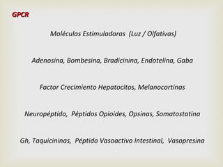 GPCR
Moléculas Estimuladoras (Luz / Olfativas)
Adenosina, Bombesina, Bradicinina, Endotelina, Gaba
Factor Crecimiento Hepatocitos, Melanocortinas
Neuropéptido, Péptidos Opioides, Opsinas, Somatostatina
Gh, Taquicininas, Péptido Vasoactivo Intestinal, Vasopresina

 
