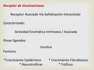 Receptor de tirosinacinasa:
Receptor Asociado Vía Señalización Intracelular
Caracterizado:
Actividad Enzimática Intrínseca / Asociada
Posee ligandos:
Factores

Insulina

*Crecimiento Epidérmico
* Neurotrofinas

* Crecimiento Fibroblastos
* Tróficos

 