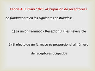 Teoría A. J. Clark 1920 «Ocupación de receptores»
Se fundamenta en los siguientes postulados:
1) La unión Fármaco - Receptor (FR) es Reversible
2) El efecto de un fármaco es proporcional al número
de receptores ocupados

 