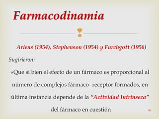 
Ariens (1954), Stephenson (1954) y Furchgott (1956)
Sugirieron:
«Que si bien el efecto de un fármaco es proporcional al
número de complejos fármaco- receptor formados, en
última instancia depende de la “Actividad Intrínseca”
del fármaco en cuestión

86

 