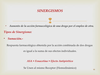 SINERGISMOS

•



Aumento de la acción farmacológica de una droga por el empleo de otra.

Tipos de Sinergismo:
• Sumación.Respuesta farmacológica obtenida por la acción combinada de dos drogas
es igual a la suma de sus efectos individuales.

ASA + Fenacetina = Efecto Antipirético
Se Unen al mismo Receptor (Homodinámico)

90

 