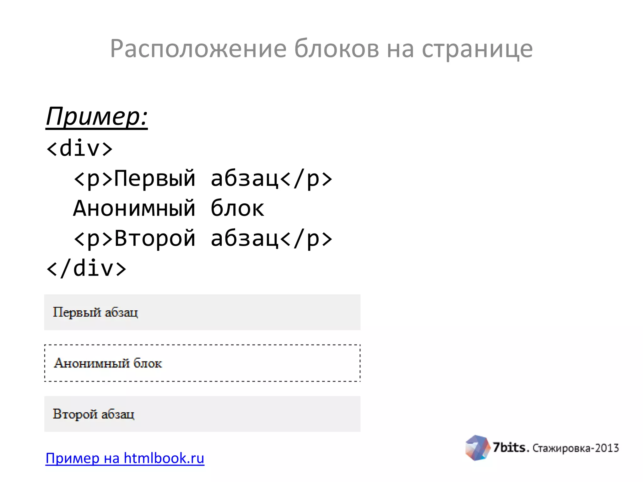 Расположение блоков на странице
Пример:
<div>
<p>Первый абзац</p>
Анонимный блок
<p>Второй абзац</p>
</div>
Пример на htmlbook.ru
 