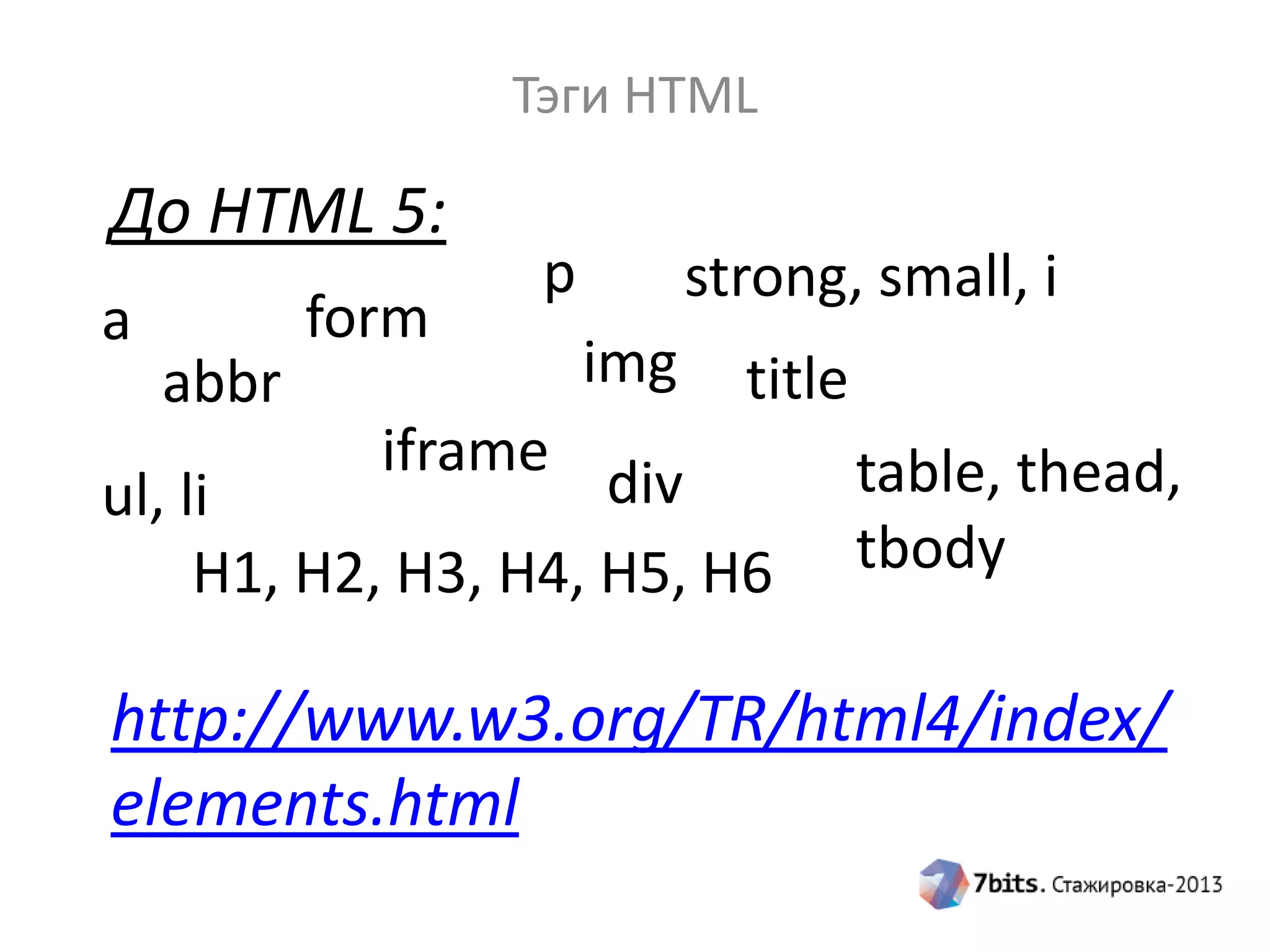 Тэги HTML
До HTML 5:
http://www.w3.org/TR/html4/index/
elements.html
a
abbr
form
H1, H2, H3, H4, H5, H6
p
iframe
img
strong, small, i
ul, li table, thead,
tbody
title
div
 