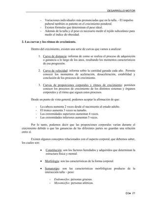 DESARROLLO MOTOR

-

Variaciones individuales más pronunciadas que en la talla. - El impulso
puberal también es patente en el crecimiento ponderal.
Existen fórmulas que determinan el peso ideal.
Además de la talla y el peso es necesario medir el tejido subcutáneo para
medir el índice de obesidad.

2. Las curvas y los ritmos de crecimiento.
Dentro del crecimiento, existen una serie de curvas que vamos a analizar:
1. Curva de distancia: informa de como se realiza el proceso de adquisición
o ganancia a lo largo de los anos, resaltando los momentos característicos
de esa progresión.
2. Curva de velocidad: informa sobre la cantidad ganada cada año. Permite
conocer los momentos de aceleración, desaceleración, estabilidad y
conclusión de los procesos de crecimiento.
3. Curvas de proporciones corporales y ritmos de crecimiento: permiten
conocer los procesos de crecimiento de los distintos sistemas y órganos
corporales y el ritmo que siguen estos procesos.
Desde un punto de vista general, podemos aceptar la afirmación de que:
-

La cabeza aumenta 2 veces desde el nacimiento al estado adulto.
El tronco aumenta 3 veces su tamaño.
Las extremidades superiores aumentan 4 veces.
Las extremidades inferiores aumentan 5 veces.

Por lo tanto, podemos decir que las proporciones corporales varían durante el
crecimiento debido a que las ganancias de las diferentes partes no guardan una relación
entre sí.
Existen algunos conceptos relacionados con el aspecto corporal, que debemos saber,
los cuales son:
•

Constitución: son los factores heredados y adquiridos que determinan la
estructura física y mental.

•

Morfología: son las características de la forma corporal.

•

Somatotipo: son las características morfológicas producto de la
interacción talla – peso:
-

Endomorfos: personas gruesas.
Mesomorfos: personas atléticas.
D3♥ 21

 